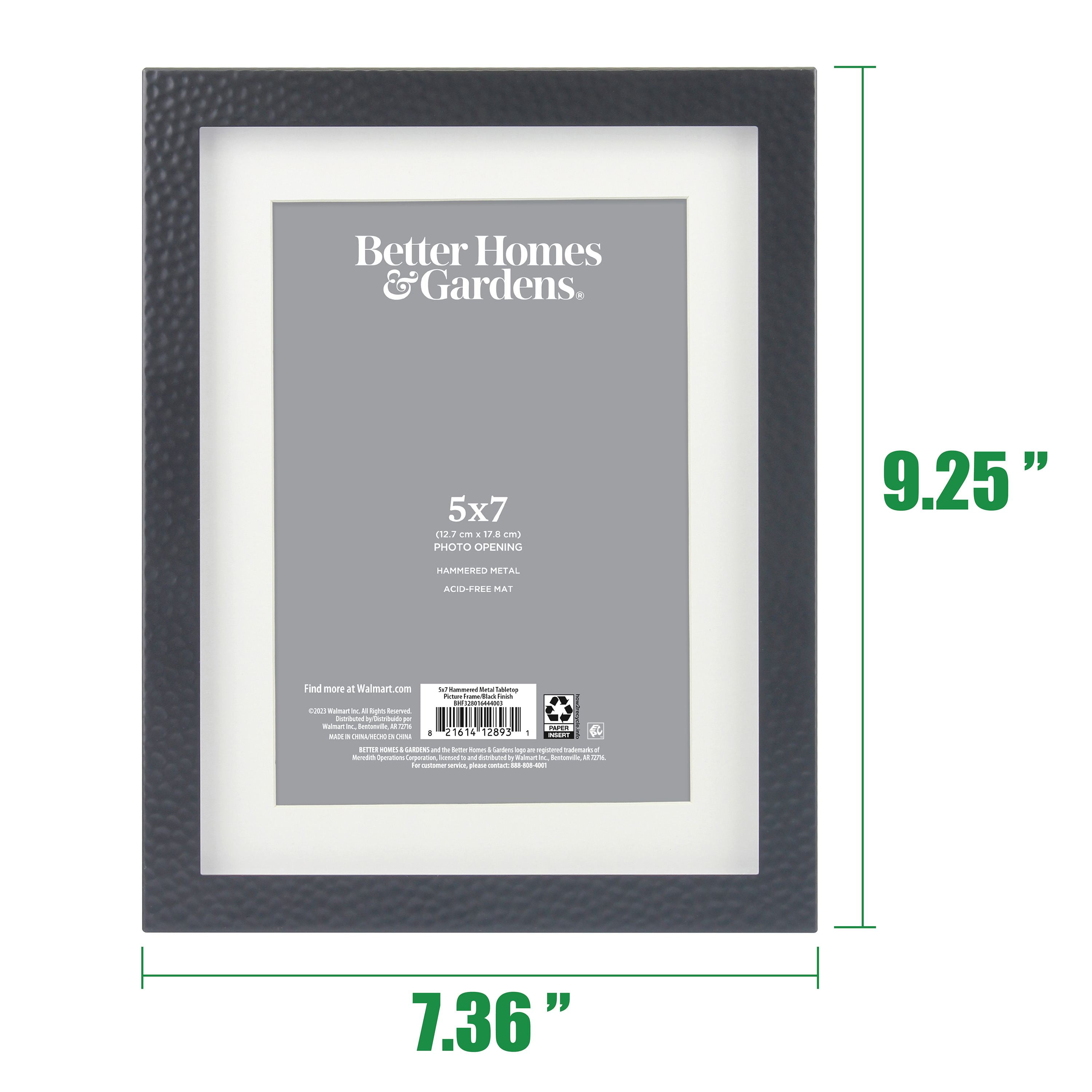 Better Homes & Gardens 7x9 Matted to 5x7 Hammered Metal Tabletop Picture Frame, Black