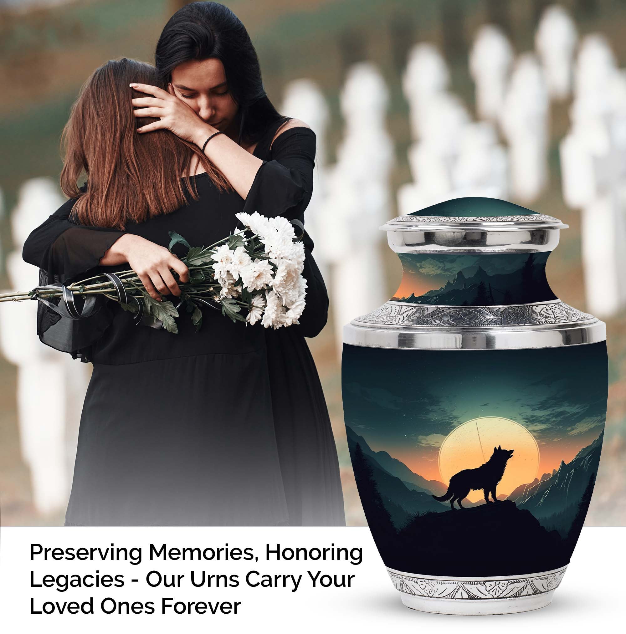 wolf-howling-moon-night-sky Noble Large Outdoor Urn for Human Ashes - Majestic Rest - Durable Tribute Funeral Urns For Human Ashes - Memorial Urns 10 Inch
