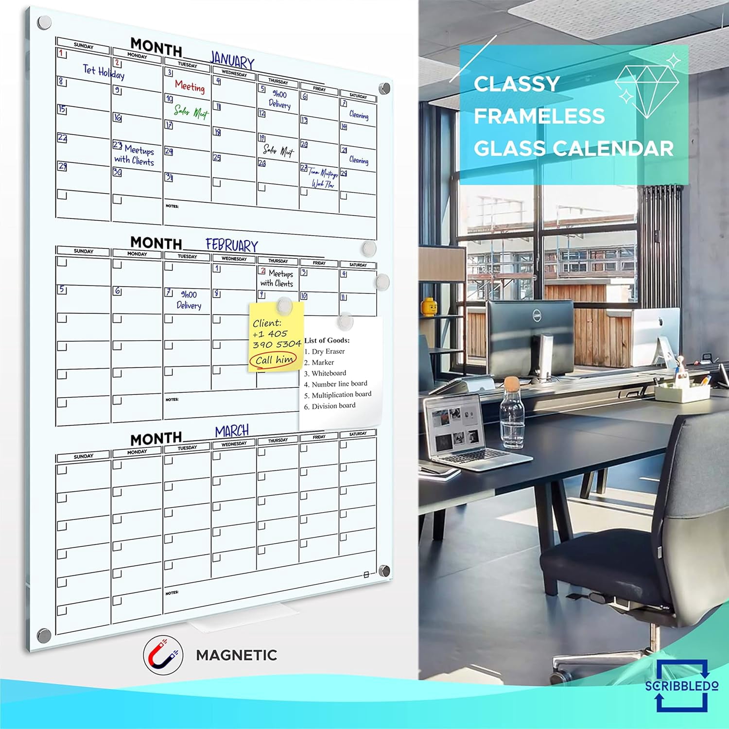 Glass Whiteboard Calendar 34x46” Quarterly Planner White Board Calendar Dry Erase Board 3 Month Dry Erase Calendar for Wall Glass Calendar Whiteboard Home office Large Wall Calendar & Marker Tray