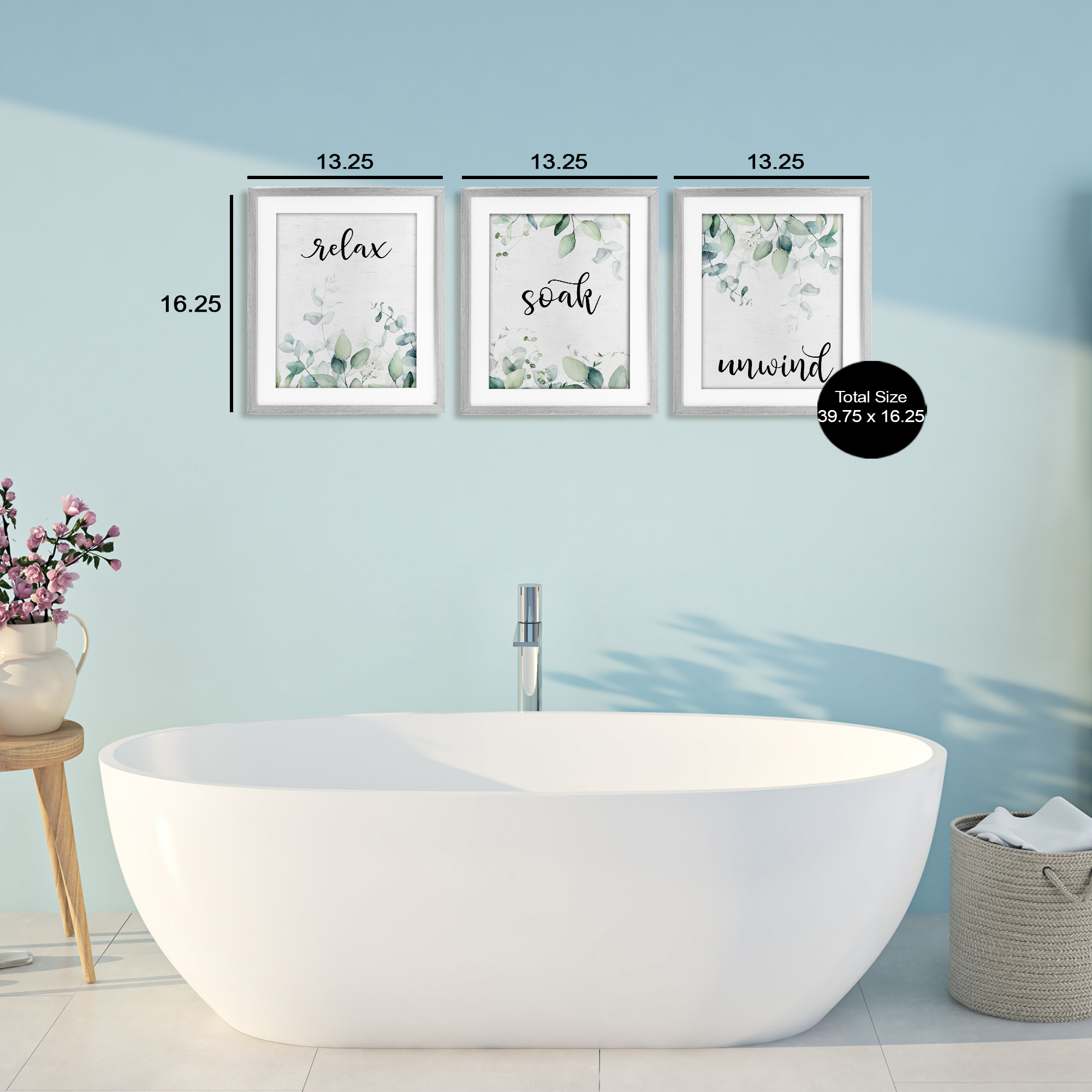 Leafy Bathroom Herbs 3 Piece Gray Framed Print Under Glass Set, design by Lettered and Lined