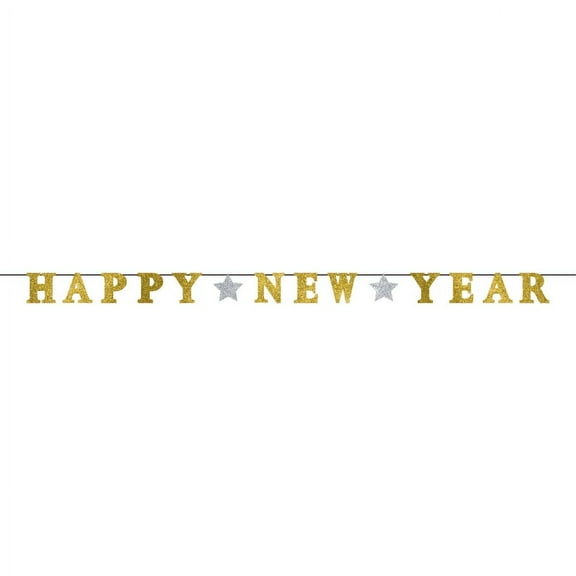 Amscan Sparkling New Year Ribbon Banner with Glitter Paper Letters, Silver & Gold - 12' x 5" (1 Pc.)