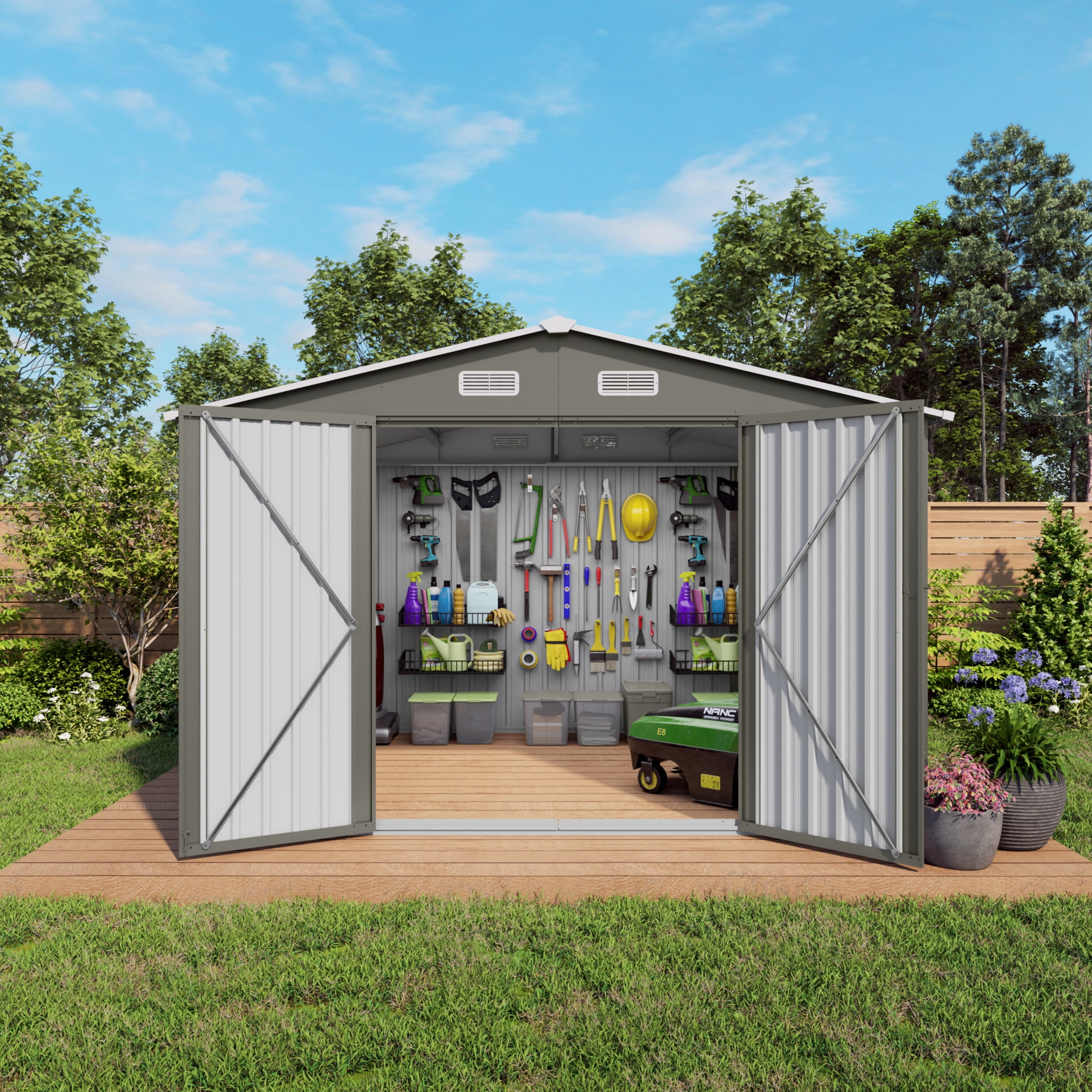 Noble House 10 x 8 FT Outdoor Metal Storage Shed with Lockable Doors, Window and Air Vents, Gray