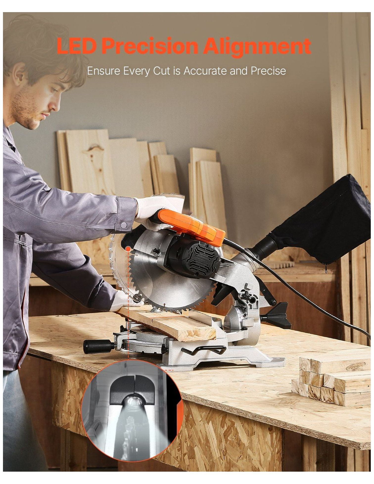 10-Inch Compound Miter Saw, 15 Amp Single Bevel Miter Saw with 60T Blade, LED Guide, 0-45° Bevel Cut, Corded Electric Miter Saw for Woodworking