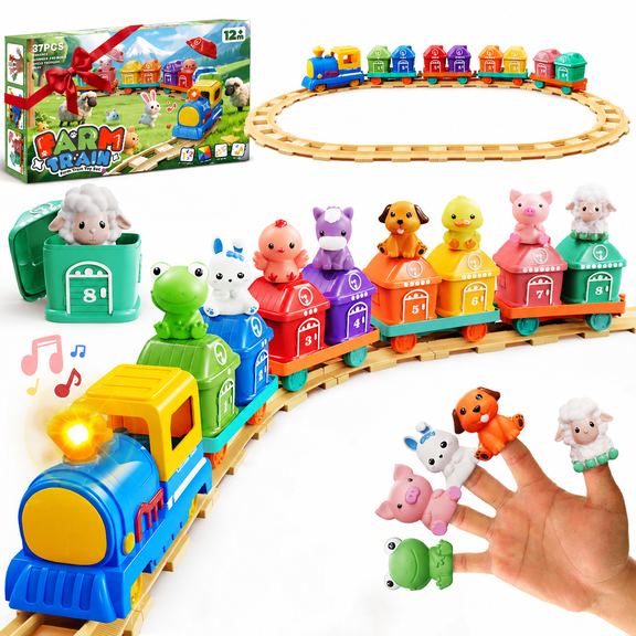 Einailvk Montessori Toys for Toddler 1 2 3, Toy Train Track Set with Music & Light, 8 Finger Puppets, Counting, Matching & Sorting Learning Toy