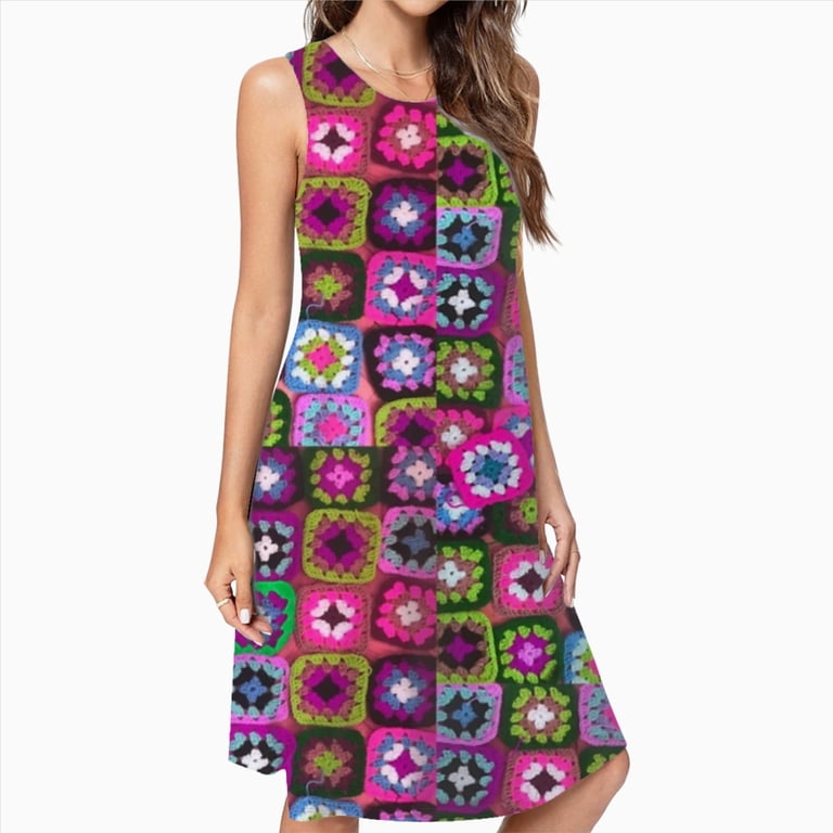 crochet throw over dress JHWJH25 Blanket Granny Square Vintage Spring Summer Dresses For Women Fashion Casual Sleeveless Loose Sundress With Pockets, Women's Startup Dress Code Mini dress Size:L-XL This dress is designed Taco Ball