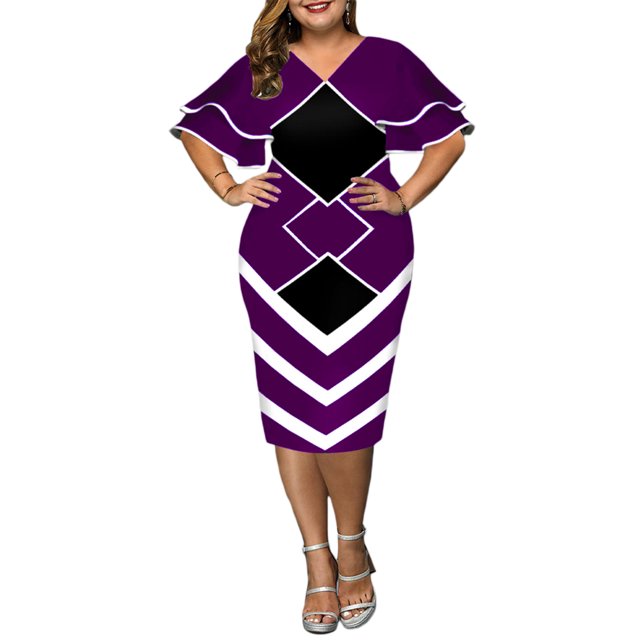 Sunloudy Vestido ajustado para mujer, cuello en V, doble capa, manga corta con volantes, cremallera trasera, falda de una pieza Sunloudy S M L XL 2XL 3XL 4XL