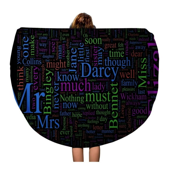 JSDART 60 inch Round Beach Towel Blanket Prejudice Word Coud Based on Jane Austen Price Travel Circle Circular Towels Mat Tapestry Beach Throw