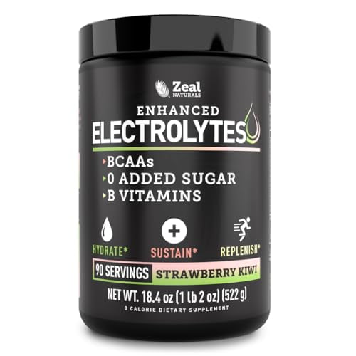 Polvo de electrolitos mejorado (kiwi fresa | 90 unidades) con 0 azúcar + BCAA + suplemento de electrolitos de vitaminas B con potasio, zinc y magnesio para hidratación - Electrolitos cetogénicos