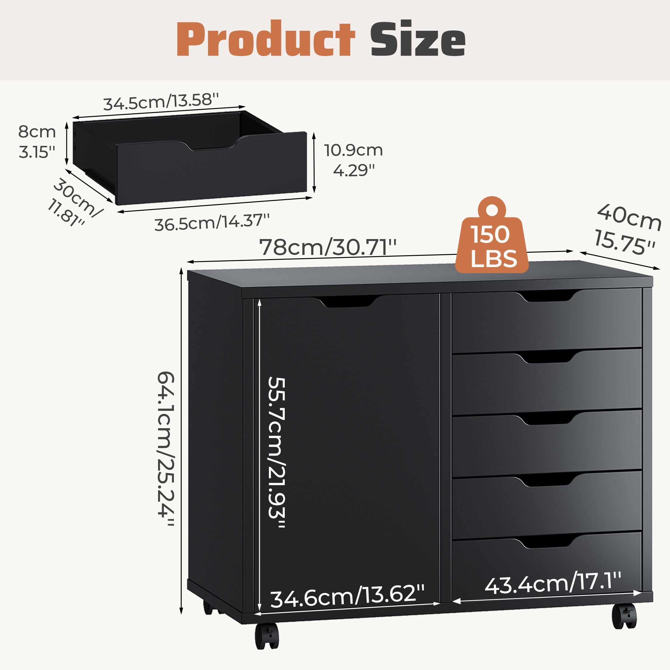 EDX 5-Drawer Wood File Cabinet, Mobile Printer Stand with Adjustable Shelf & Wheels, Storage Shelves for Home Office, Black