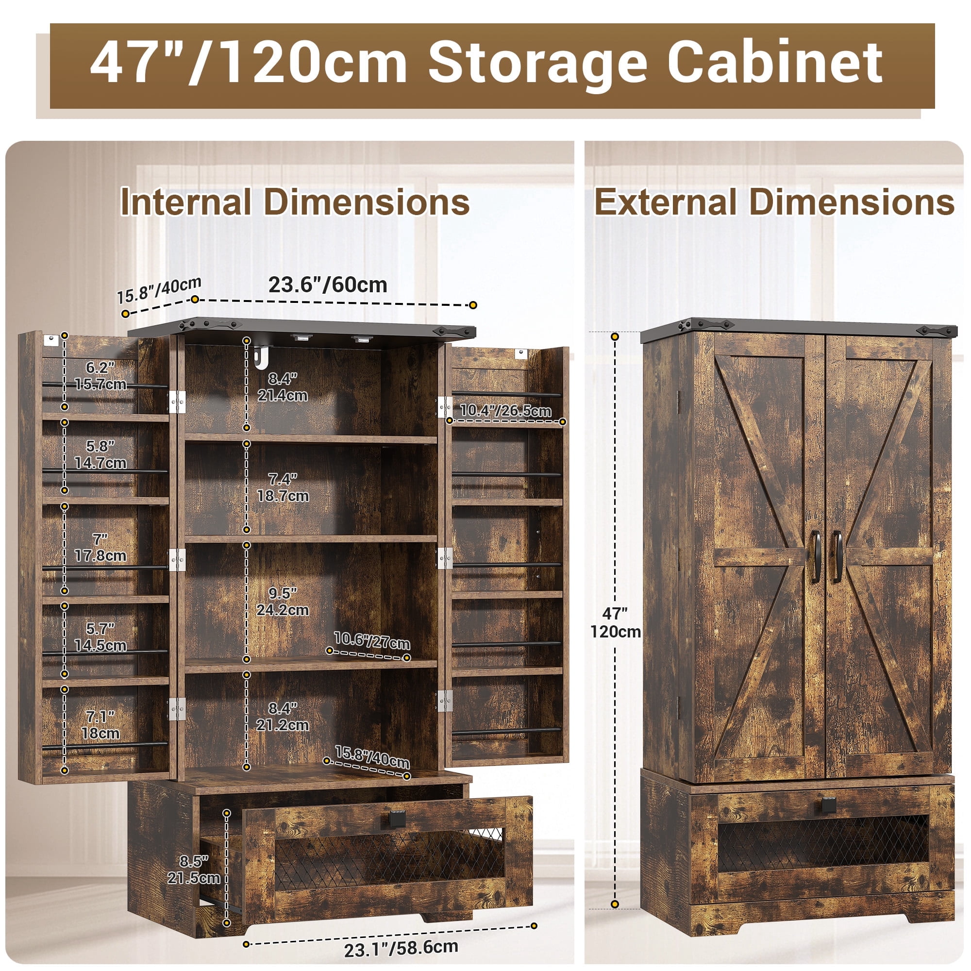 Casendy Kitchen Pantry Cabinets with Adjustable Shelves and Drawer, Farmhouse Kitchen Pantry Storage Cabinet with Doors, Buffet Cupboards Sideboard for Dining Room, Bathroom, Brown