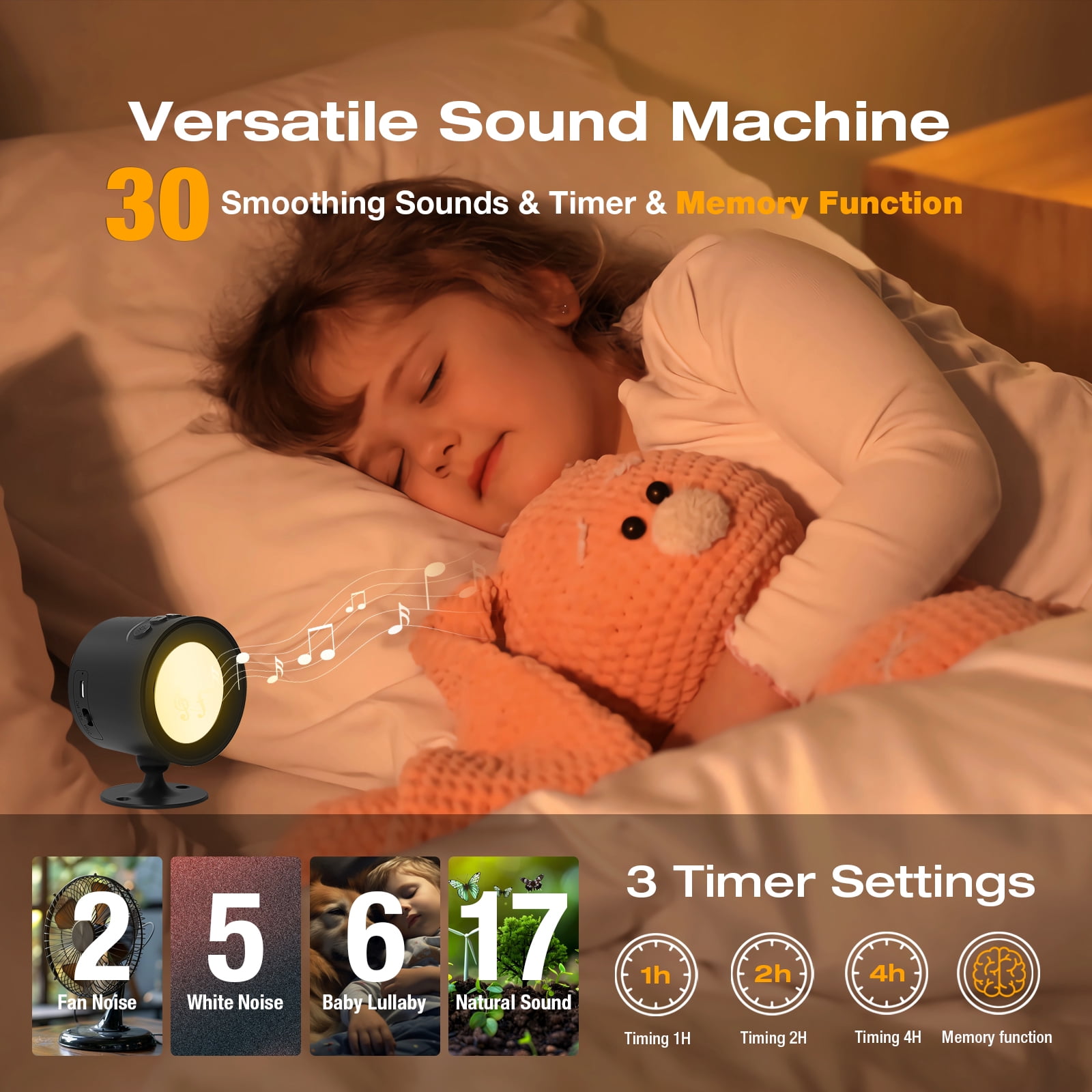 Musqua 30 Natural Soothing Sounds White Noise Machine with LED Wall Sconce Night Light for Baby Kids Adults