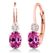 Gem Stone King 18K Rose Gold Plated Silver Pink Created Sapphire and White Diamond Leverback Earrings for Women (1.07 Cttw, Gemstone September Birthstone, Oval 6X4MM, Round 2MM, 3/4 inch)