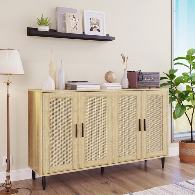 Buffet Storage Cabinet with Rattan Decorating Living Room Wood Kitchen Sideboard Accent Cabinet