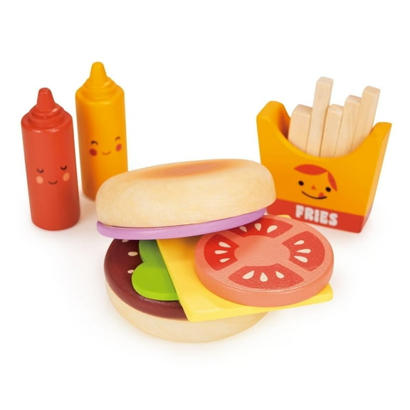 Mentari Toys - Take-Out Burger Set - 15pc Wooden Stacking Play Food Burger Set - Pretend Play Kitchen Accessories - Age 3 