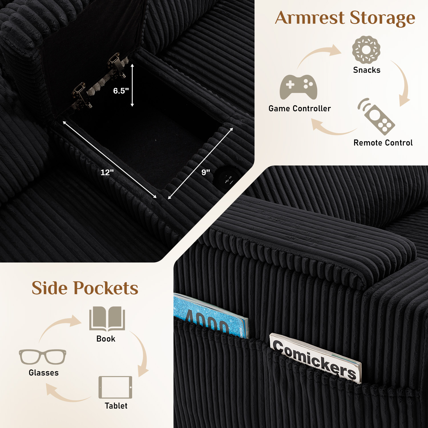 Wiilayok 153" Oversized U-Shaped Cloud Couch Sectional with Modular Design for Living Room: Comfy Corduroy, Ottoman, USB Port, Cup Holder, Armrest Storage, Side Pocket, Black