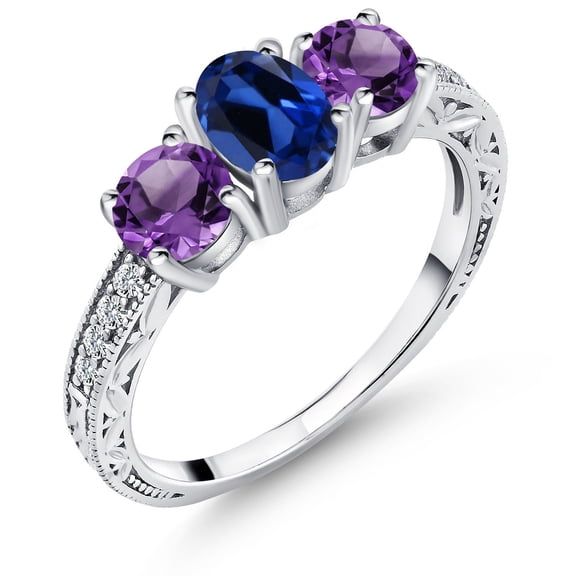 Gem Stone King 925 Sterling Silver Oval Blue Simulated Sapphire and Purple Amethyst Ring for Women (1.92 Cttw, Size 8)