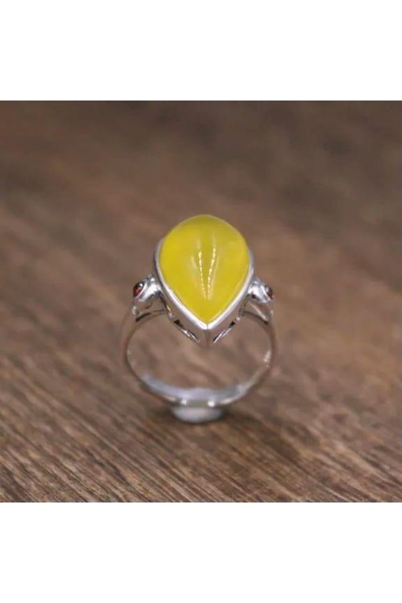 Real 925 Sterling Silver Band Women Lucky Yellow Jade Peach Tip Ring