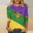 thumbnail image 1 of Tejiojio Mardi Gras Shirts for Women Patch Print 3/4 Sleeve Tops Carnival Party Tshirt Casual Crewneck Blouse, 1 of 5