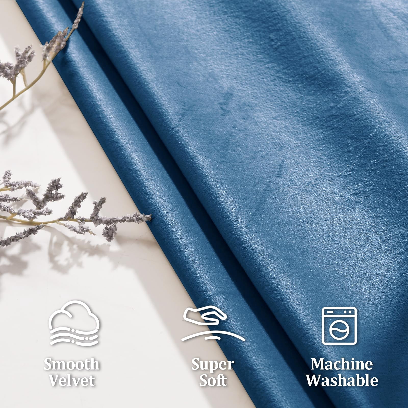 JIUZHEN Velvet Curtains 63 inches Long - Super Soft Room Darkening Thermal Insulating Window Drapes for Bedroom Living Room Dining Backdrop, W 52 x L 63 inch, Blue, 2 Panels