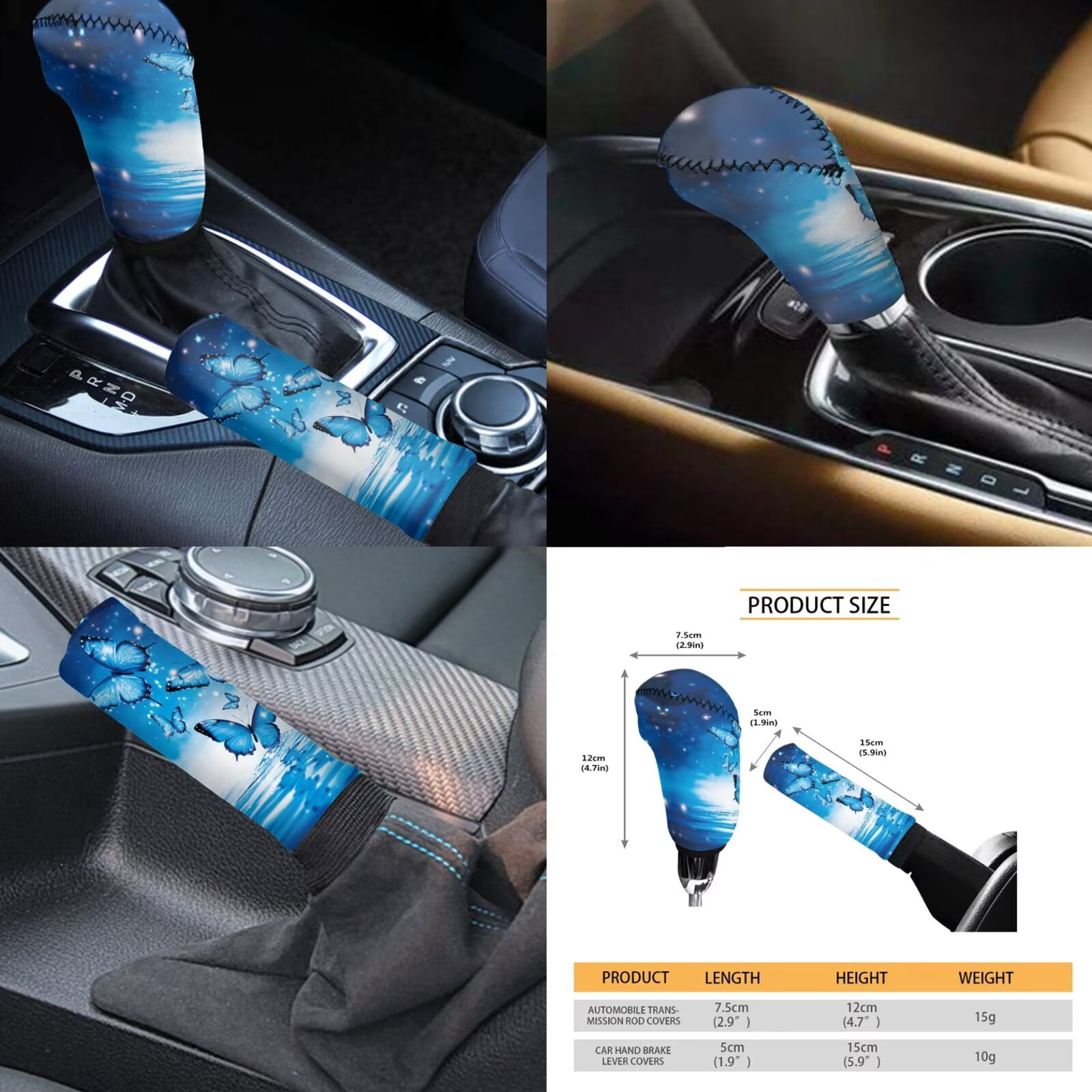 Jeiento Blue Butterfly Car Seat Covers Set 11 Pack, with Auto Seat Covers Keychain Headrest Cover Cup Coasters Handbrake Cover Gear Shift Knob Cover Auto Accessories Decor