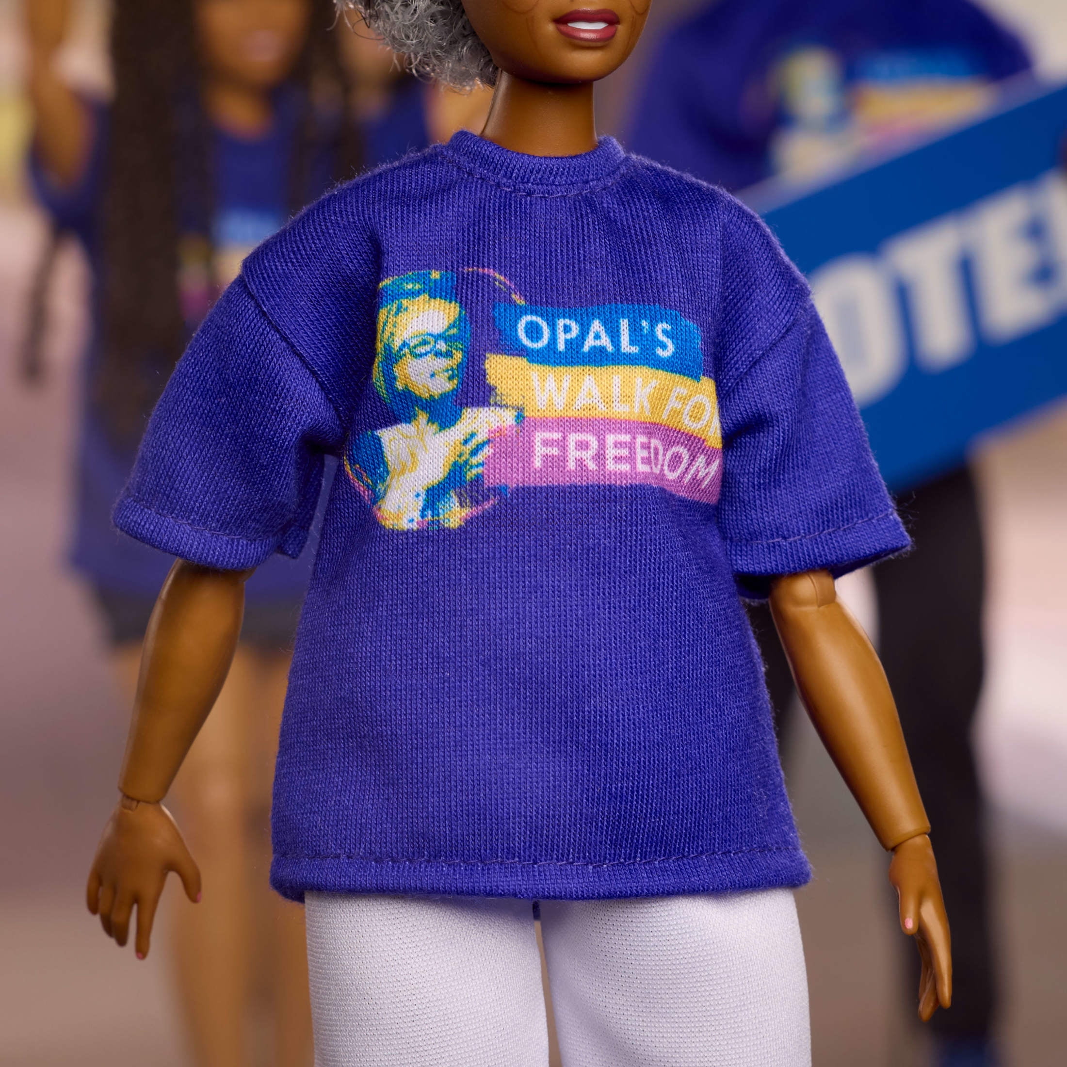 Barbie Inspiring Women Opal Lee Collectible Doll in Blue “Opal’s Walk For Freedom” T-Shirt