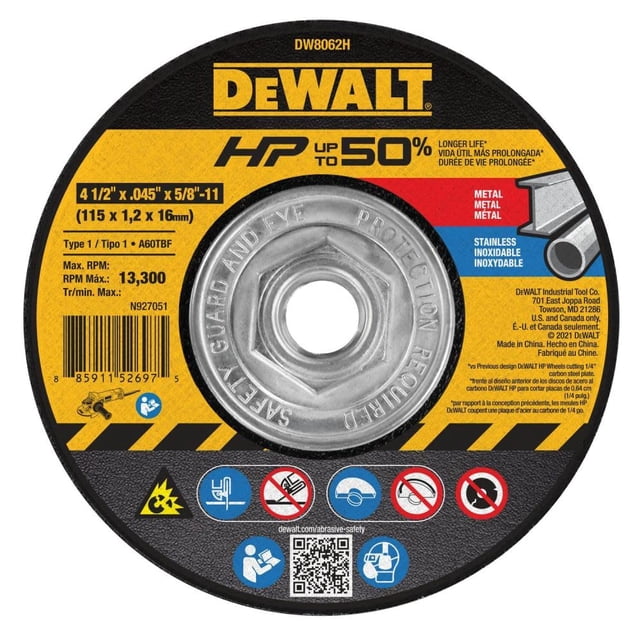 Disco de corte DEWALT DW8062H 4-1/2 x 1,1 x 16 cm para metal