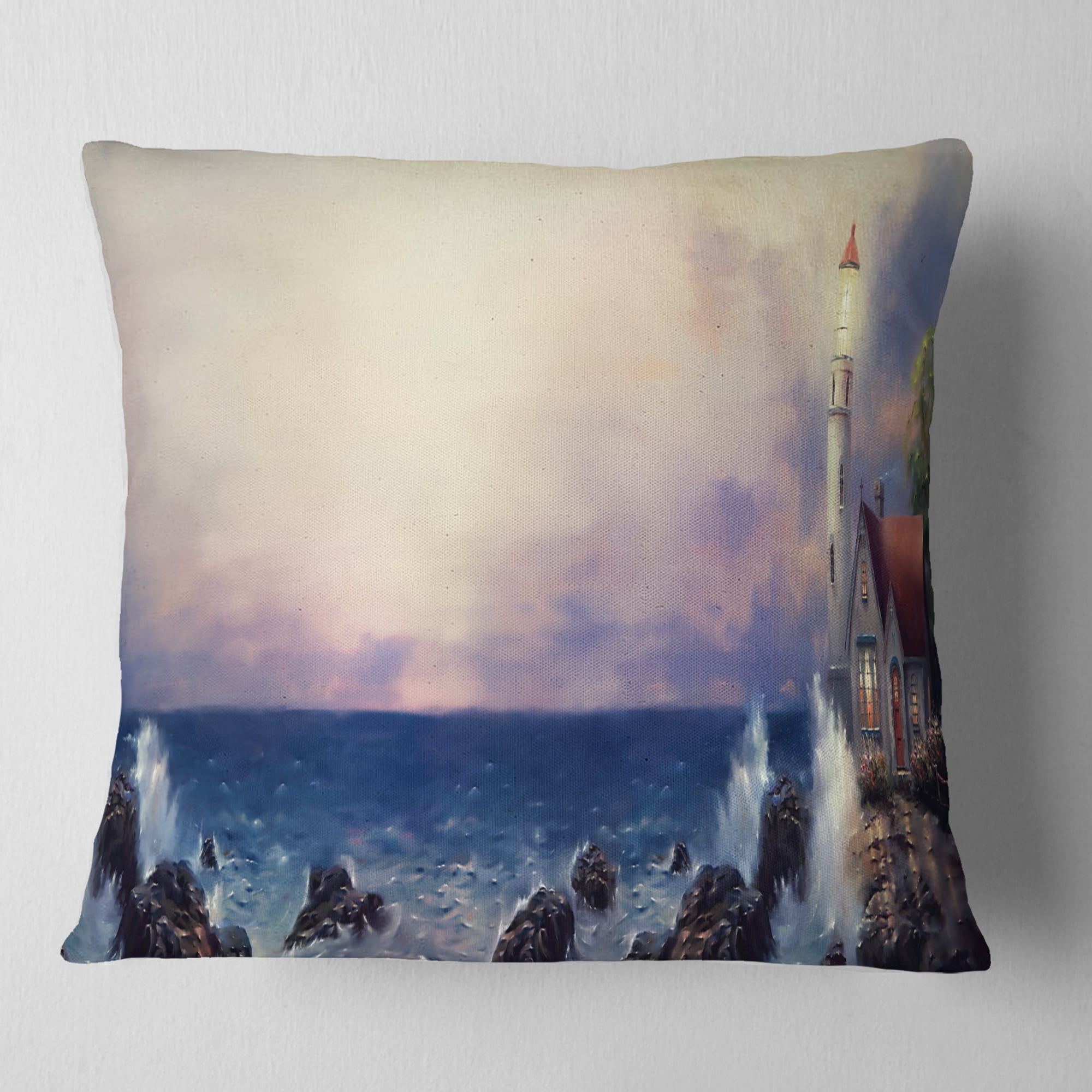 Designart Lighthouse Sea Panoramic - Landscape Printed Throw Pillow - 16x16