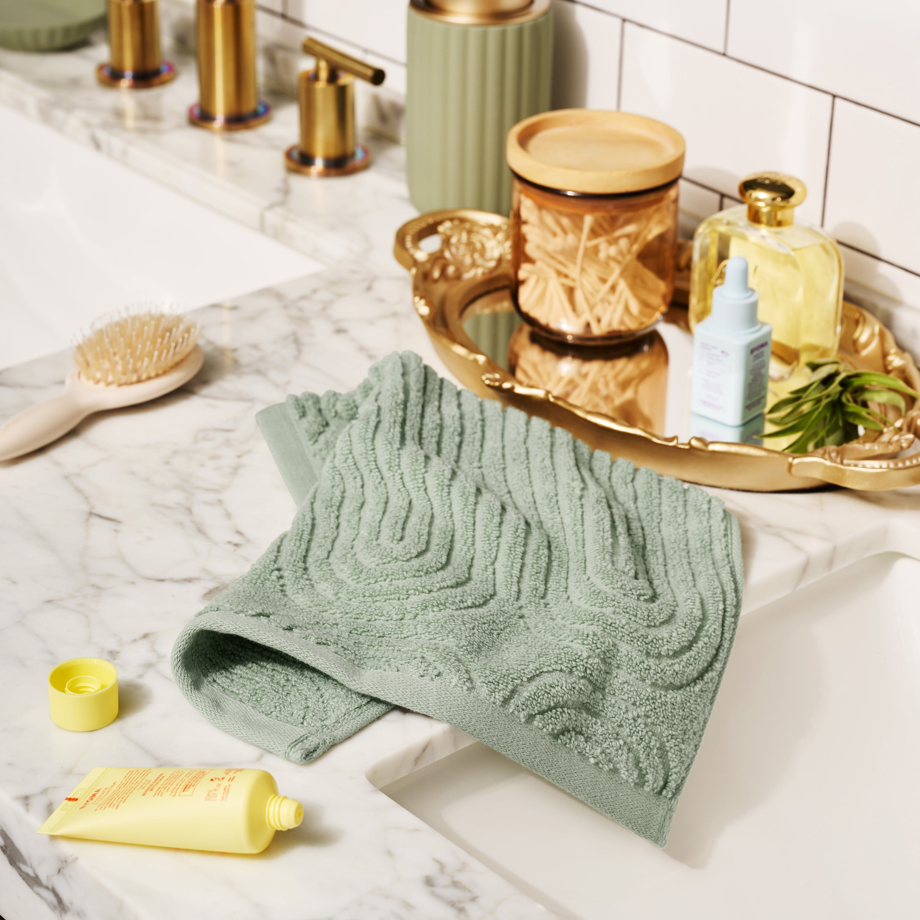 Beautiful by Drew Barrymore Textured Washcloth, Soft 100% Cotton, Sage Green