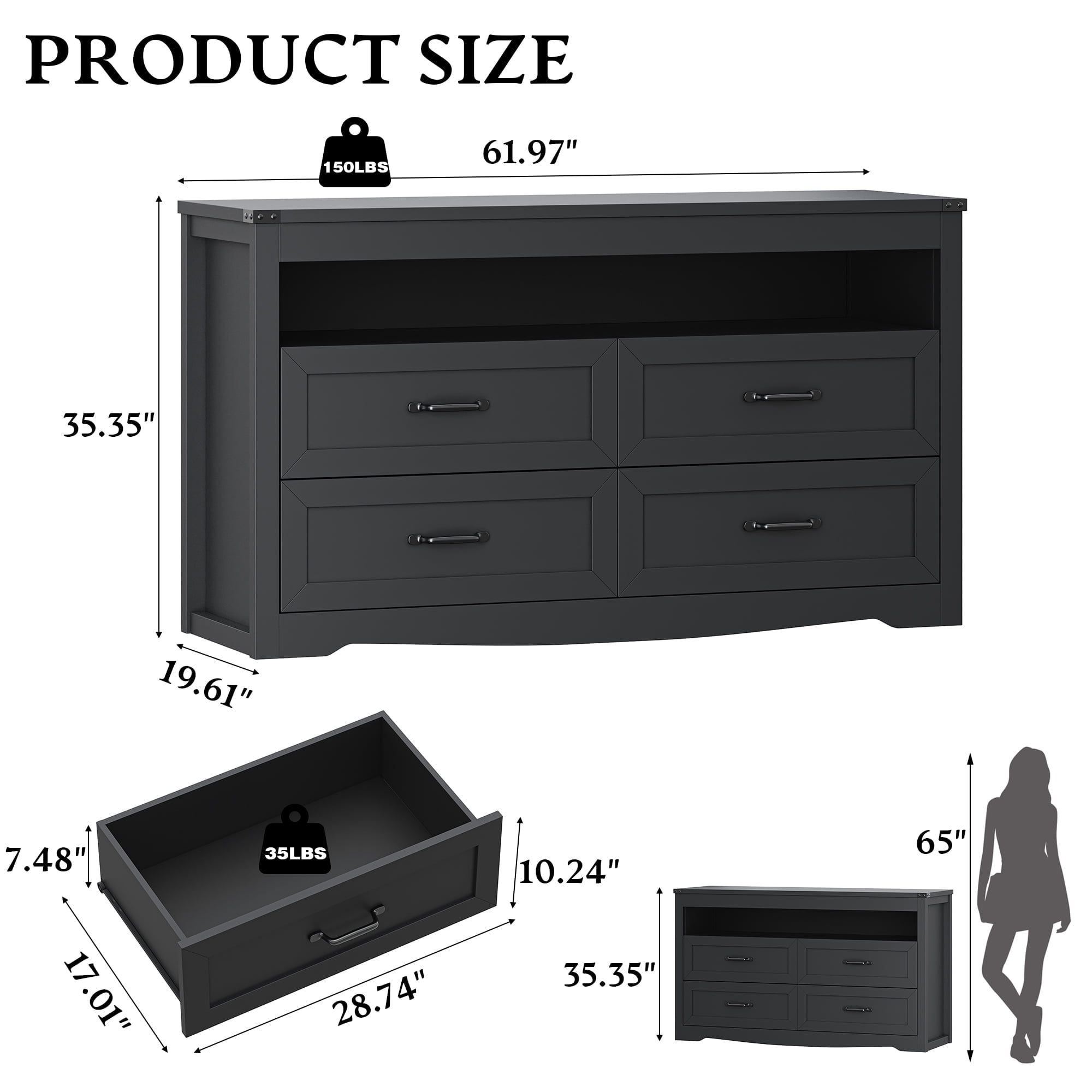 FANRAL 4 Drawers Dresser & Open Shelf for Bedroom,Modern Wooden Chest of Drawers with LED Light,Storage Organizer Dresser for Closet,Black Dresser