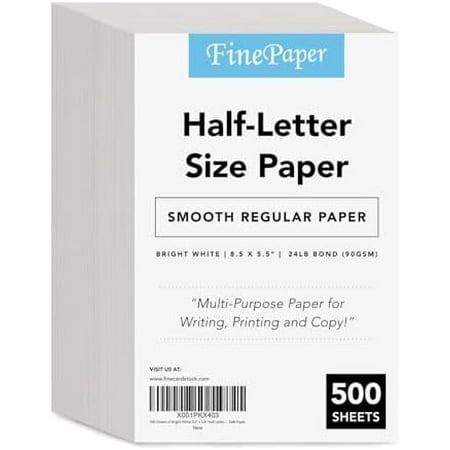 500 Sheets of Bright White 8.5" x 5.5" Half letter Size, Regular 24lb. Paper$$