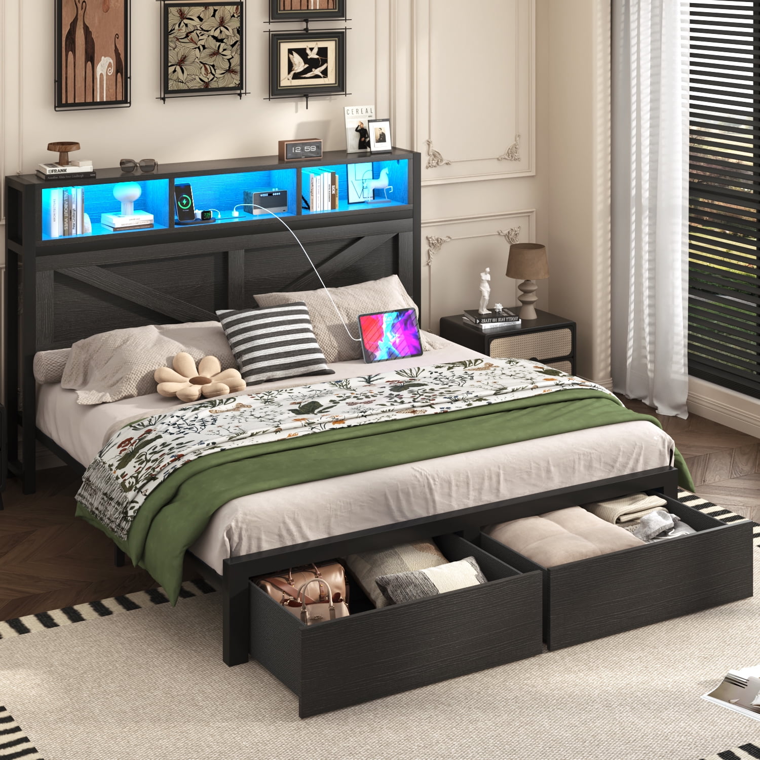 Fastroby Full Bed Frame with Storage Headboard & Drawers, Farmhouse Style, No Box Spring Needed, Black