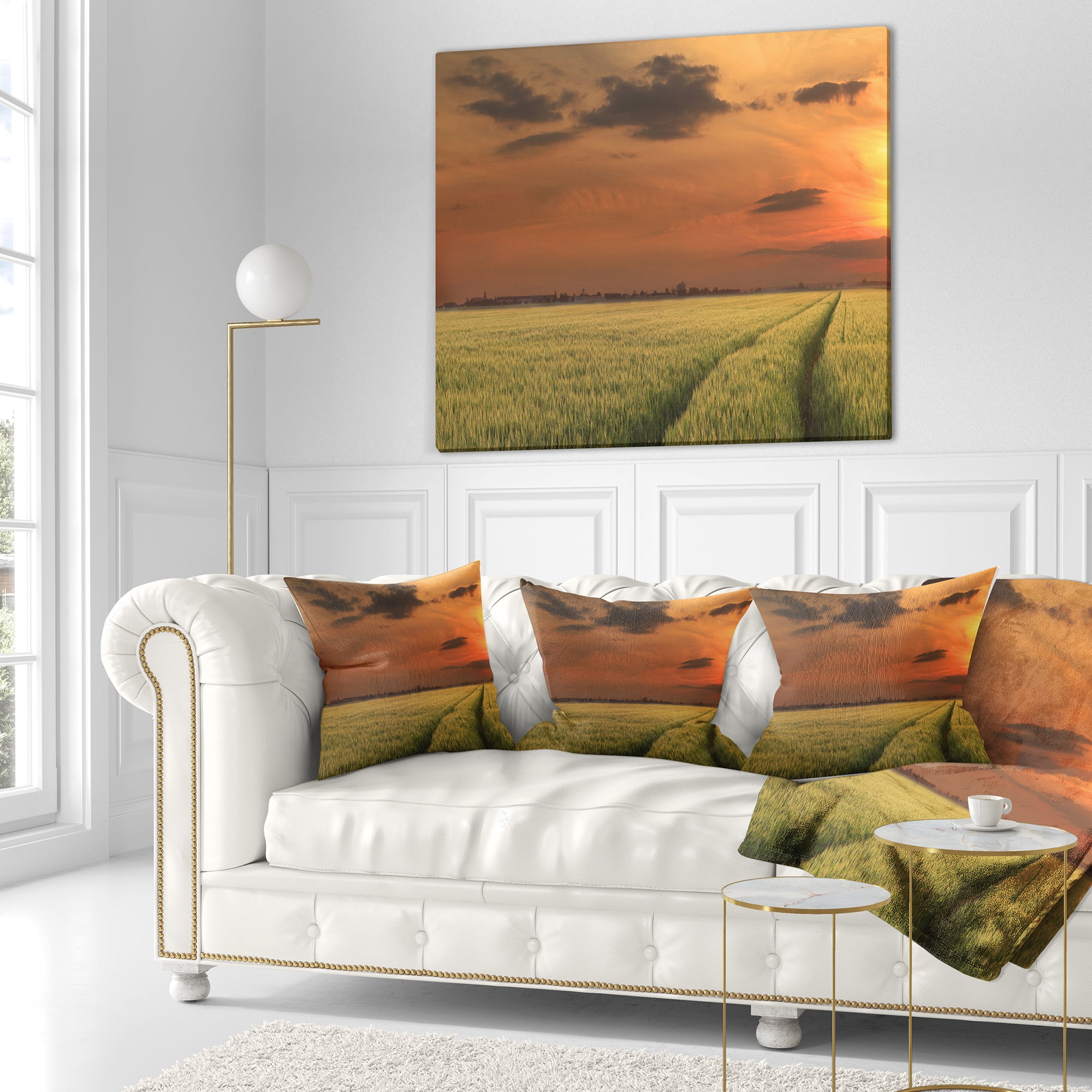 Designart Sunset over a Field of Cereals - Landscape Printed Throw Pillow - 18x18