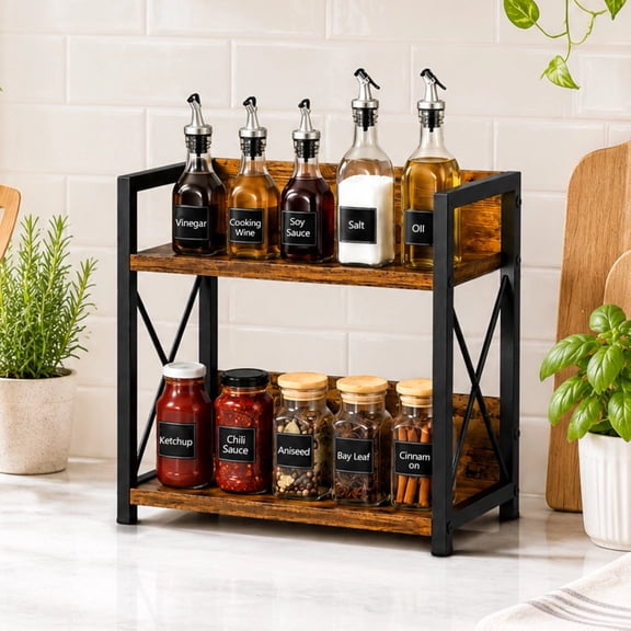 FASHIONFRI Countertop Organizer, 2 Tier Wood Spice Rack for Countertop, Coffee Bar Organizer, Kitchen Storage Shelf (Rustic Brown | Small)