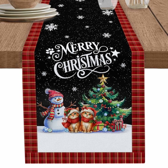 nqOlkjepod Christmas Cat Snowman Table Runner 36 Inches Long Farmhouse Dress Scarves, Red Buffalo Plaid Winter Snowflake Dining Tablerunner for Coffee Table/Kitchen Island/Party Décor, Small 13"x36"