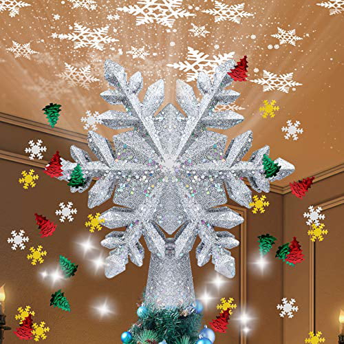 TEEDOR Christmas Tree Topper Lighted Snowflake Projector Light LED Silver and Christmas Foil Confetti Glitter for Christmas Xmas Tree Toppers Decorations Ornaments