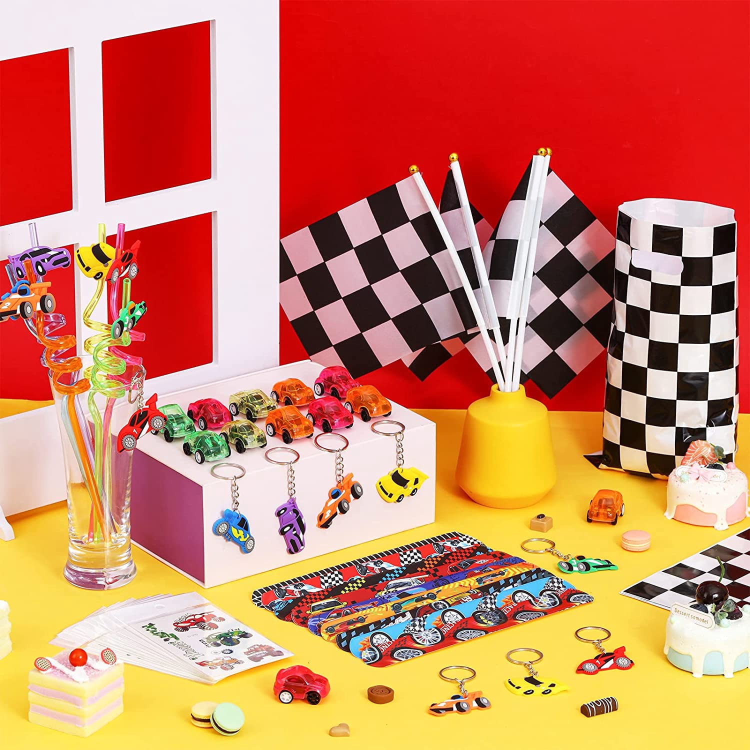 12 Pack Race Car Party Favors for Kids Boys Checkered Gift Bags Flags Keychains Straws Slap Bracelets Mini Race Cars Tattoo Race Car Themed Birthday Party Supplies Baby Shower Goodie Bag Pinata Filler