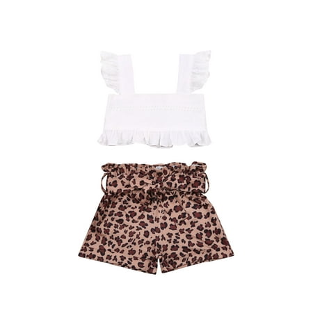 

Fullvigor Toddler Girls Ruffle Sleeve Cropped Strap Tank Top with Leopard Bandage Shorts