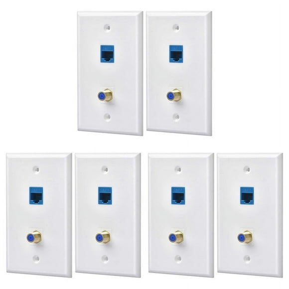 6 Packs Ethernet Coax Wall Plate Outlet with 1 Cat6 Port and 1 Gold-Plated Coax F Type Port RJ45 Wall Plates