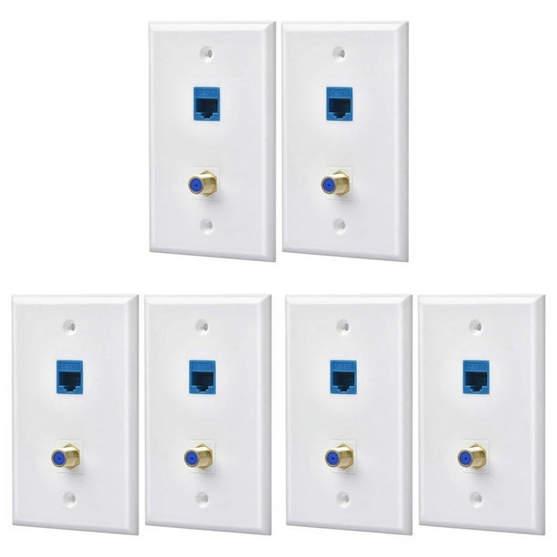 6 Paquetes de Salida de Placa de Pared Coaxial Ethernet con 1 Puerto Cat6 y 1 Puerto Tipo F Coaxial Chapado en RJ45 Placas de Pared