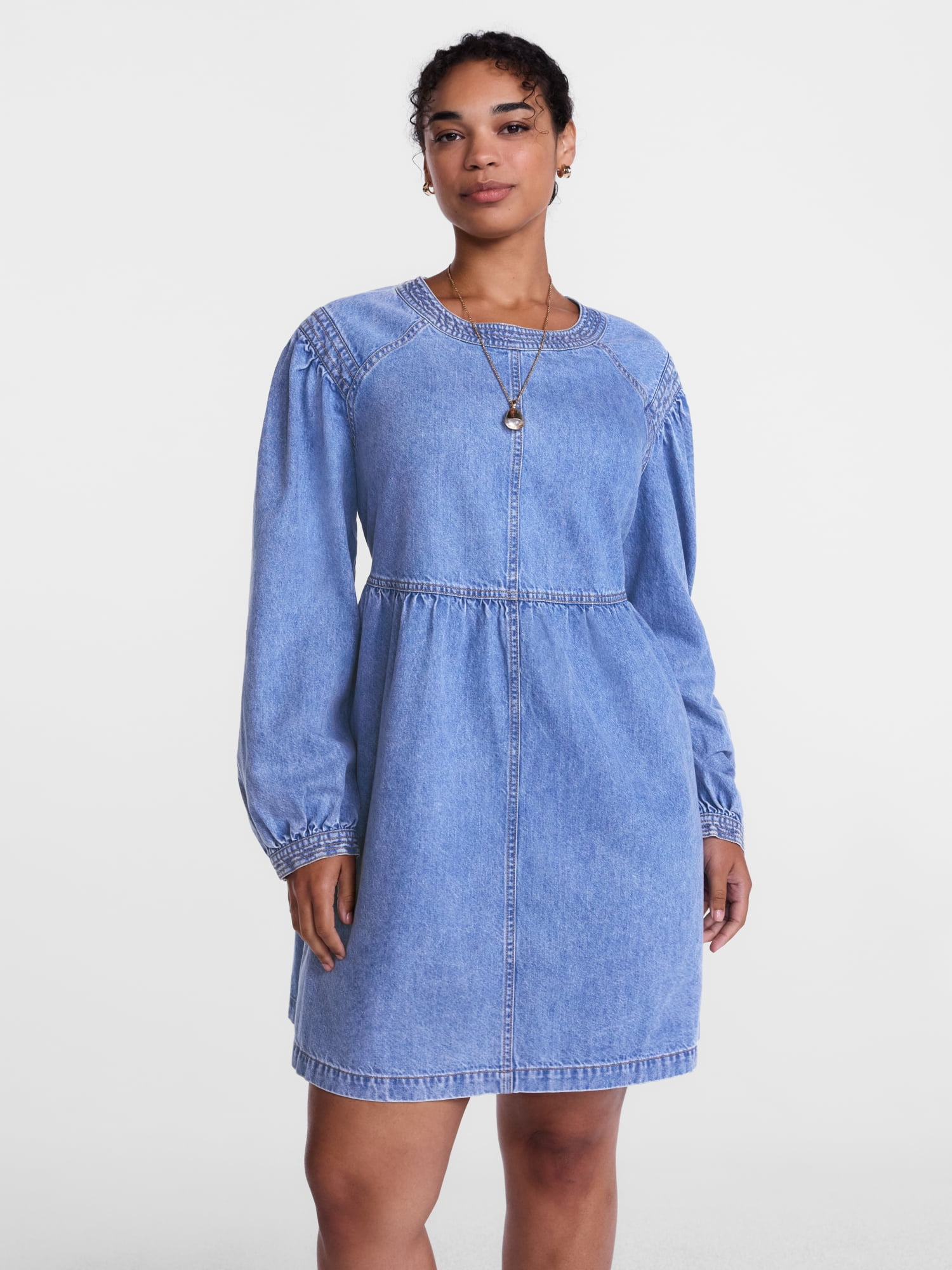 Scenario Women's Denim Empire Mini Dress with Long Sleeves, Sizes XS-XXXL