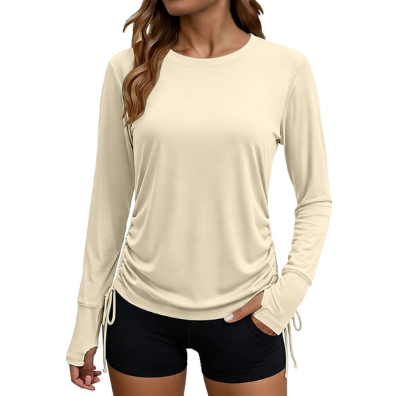 hlysgo Women's Workout Long Sleeve Tops Running Hiking Athletic Gym Shirts Lightweight UPF50 UV Rash Guard Sun Protection Shirt with Thumb Holes Beige,2xL