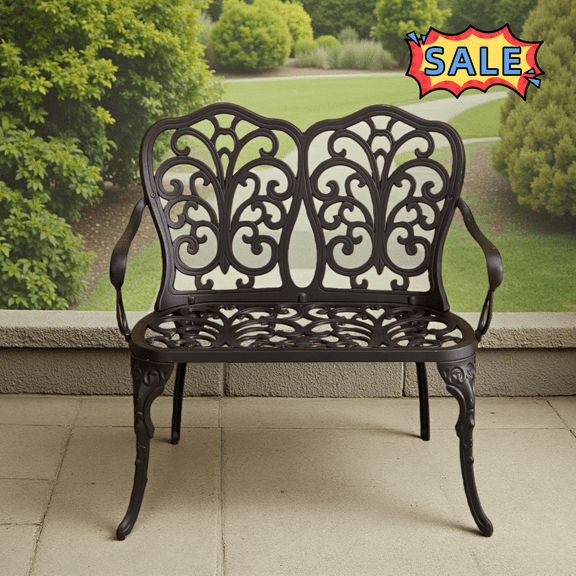 Tcbosik Cast Aluminum Bench, 33.8 inch Indoor & Outdoor Bench, 2-Seater Chair with Armrest for Garden, Patio, Porch, Backyard, Black