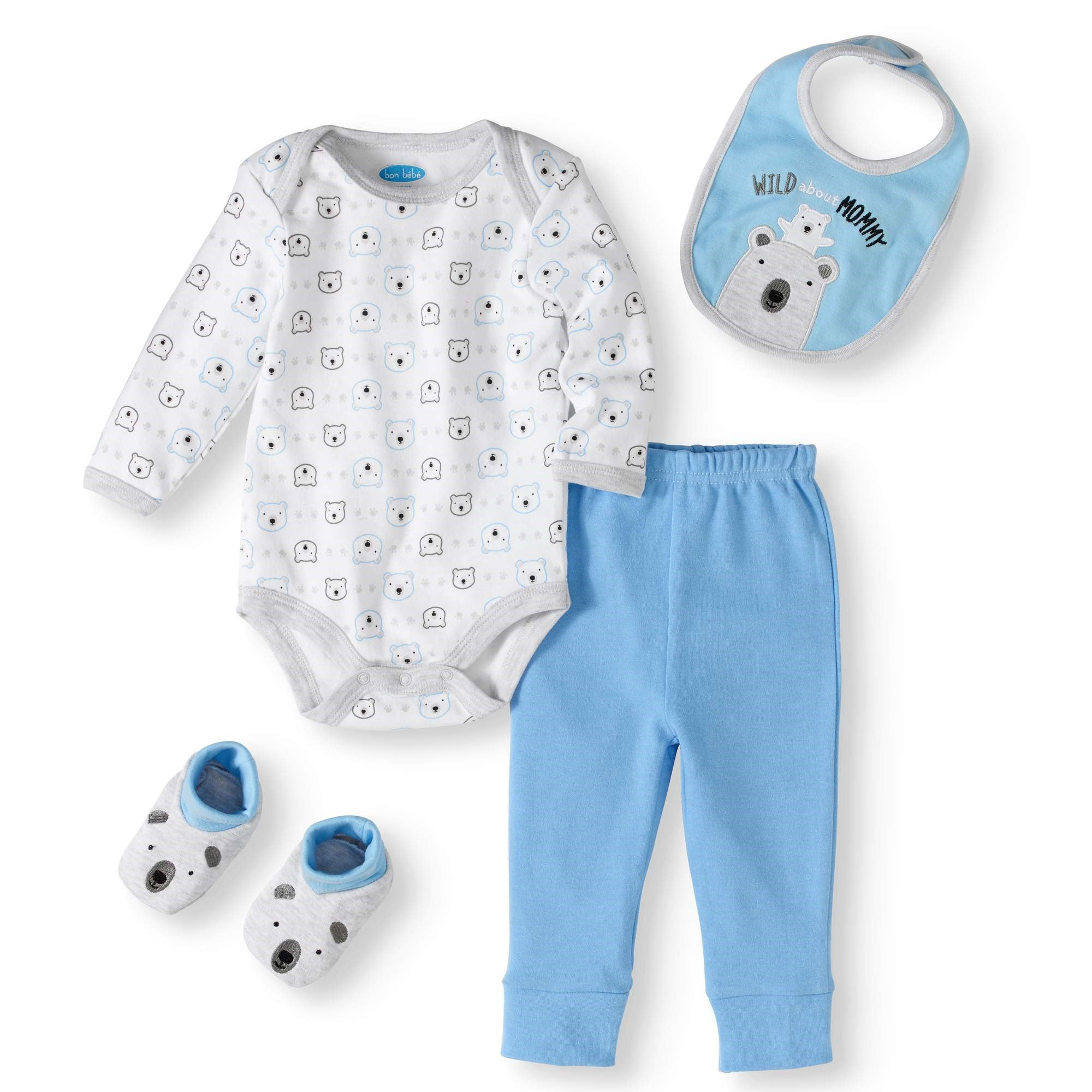 Bon Bebe Boys 09 Months Bear 4Piece Bodysuit Set