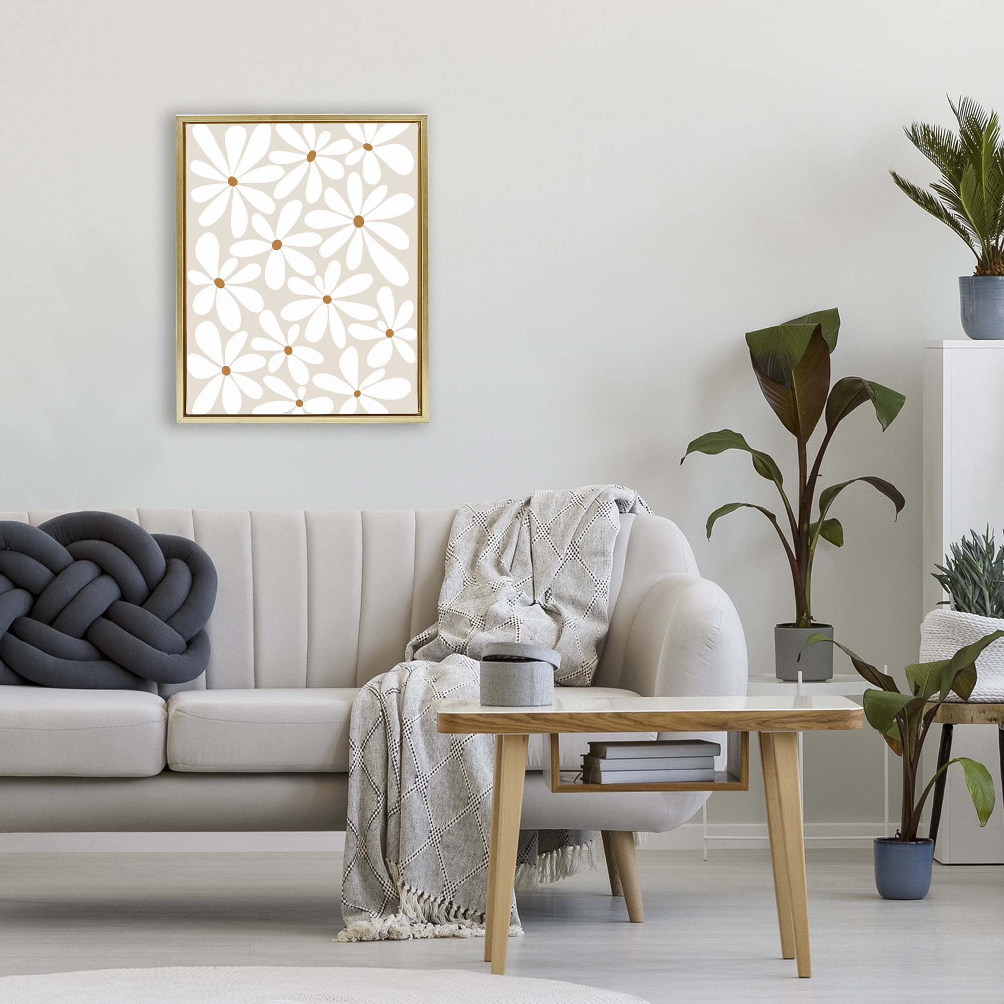 Stupell Industries Beige & White Daisies Gold Framed Floater Canvas Wall Art, design by Susan Ball