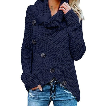 Women's Winter Warm Long Sleeve Turtleneck Knitted Sweater Pulover Jumper Cardigan Knitwear Winter Irregular Oblique Button Outwear (Best Way To Store Winter Sweaters)
