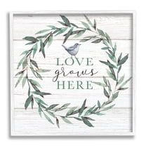 Stupell Industries Love Grows Here Sentiment Green Fern Wreath Blue Warbler, 12 x 12, Designed by Elizabeth Tyndall