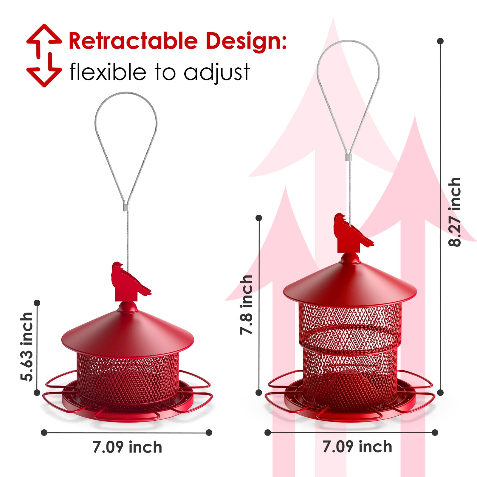 Digipettor Metal Wild Bird Feeder for Outside, Squirrel Proof Bird Feeders, Retractable 4LB Capacity Large Seed Birdfeeder for Outdoors Hanging Garden Yard, Red