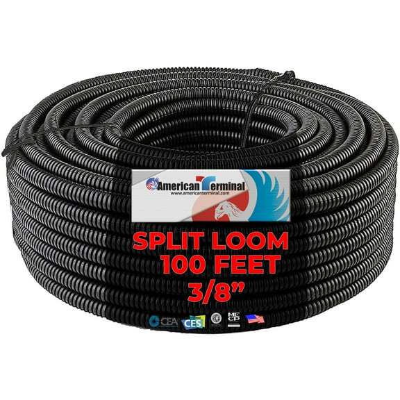 American Terminal 100 Ft 3/8" Split Wire Loom Conduit Polyethylene Tubing Black Color Sleeve Tube