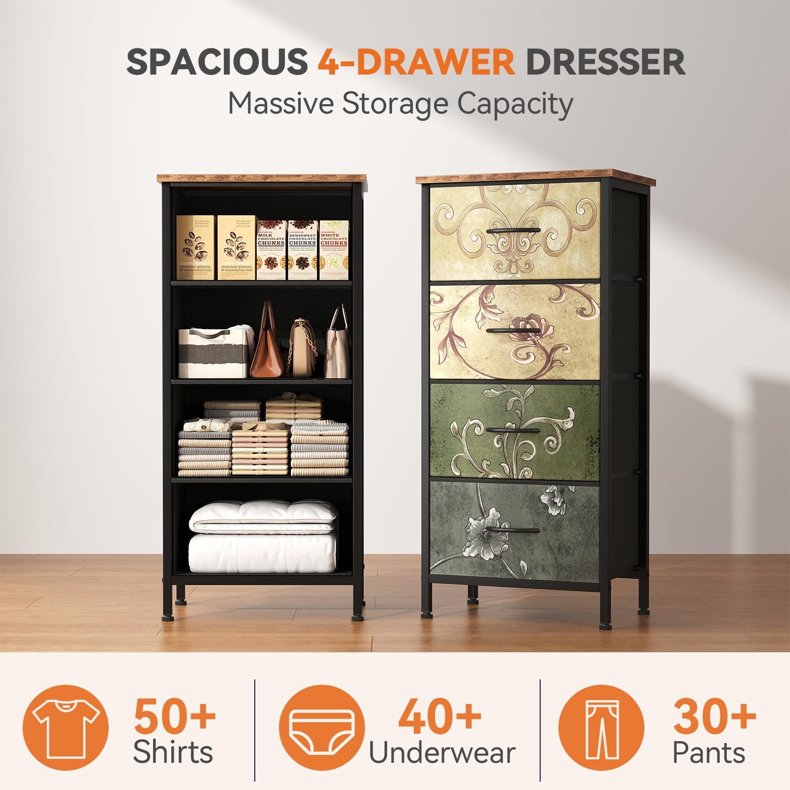 Telyra 4-Drawer Fabric Dresser 37.4" Tall Storage Tower with Wood Top and Steel Frame Narrow Organizer, Floral Painted