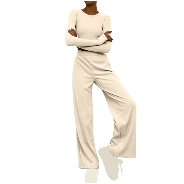 Timegard Lounge Outfits for Women Long Sleeve Round Neck Solid Color Cropped Tops Elastic Waist Wide Leg Pants Sets